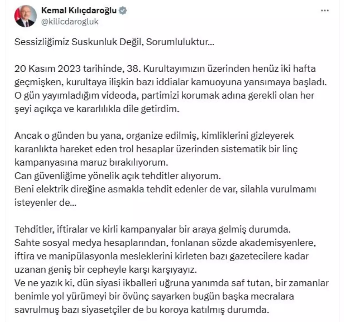 Kılıçdaroğlu CHP Kurultayında Tehditlere Karşı Dimdik Duracağını Açıkladı